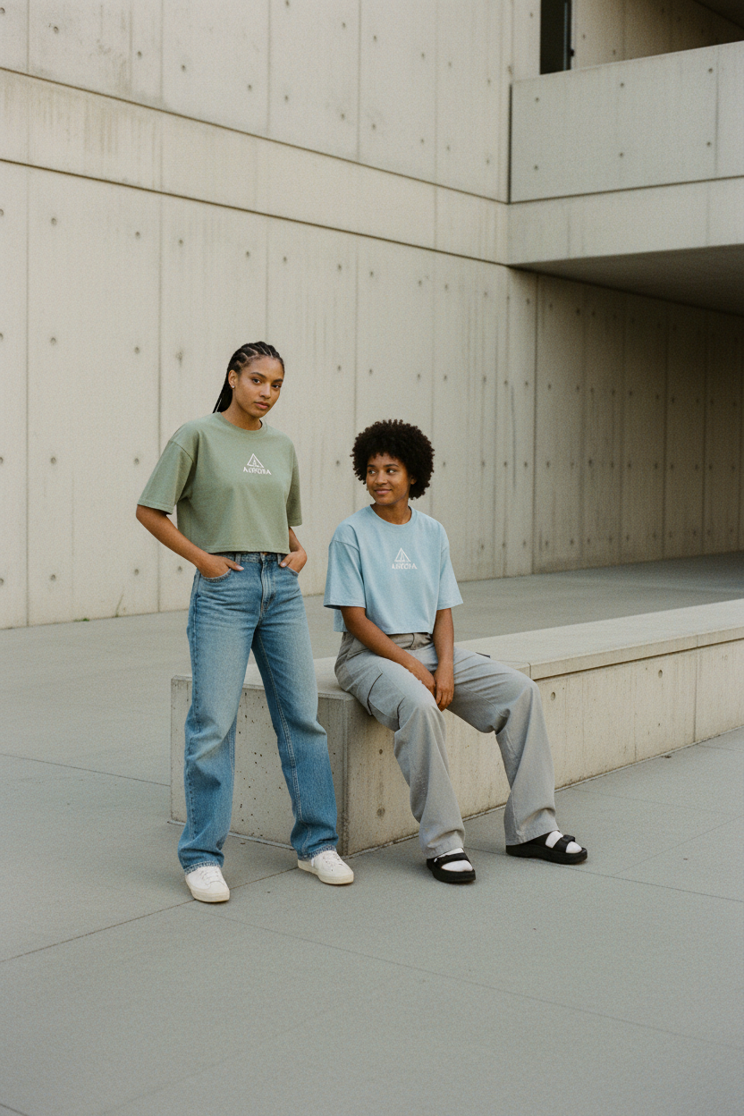 Two people standing in front of a concrete wall.