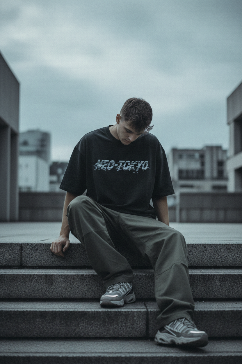 Model sitting on concrete steps, relaxed pose wearing washed black crop tee