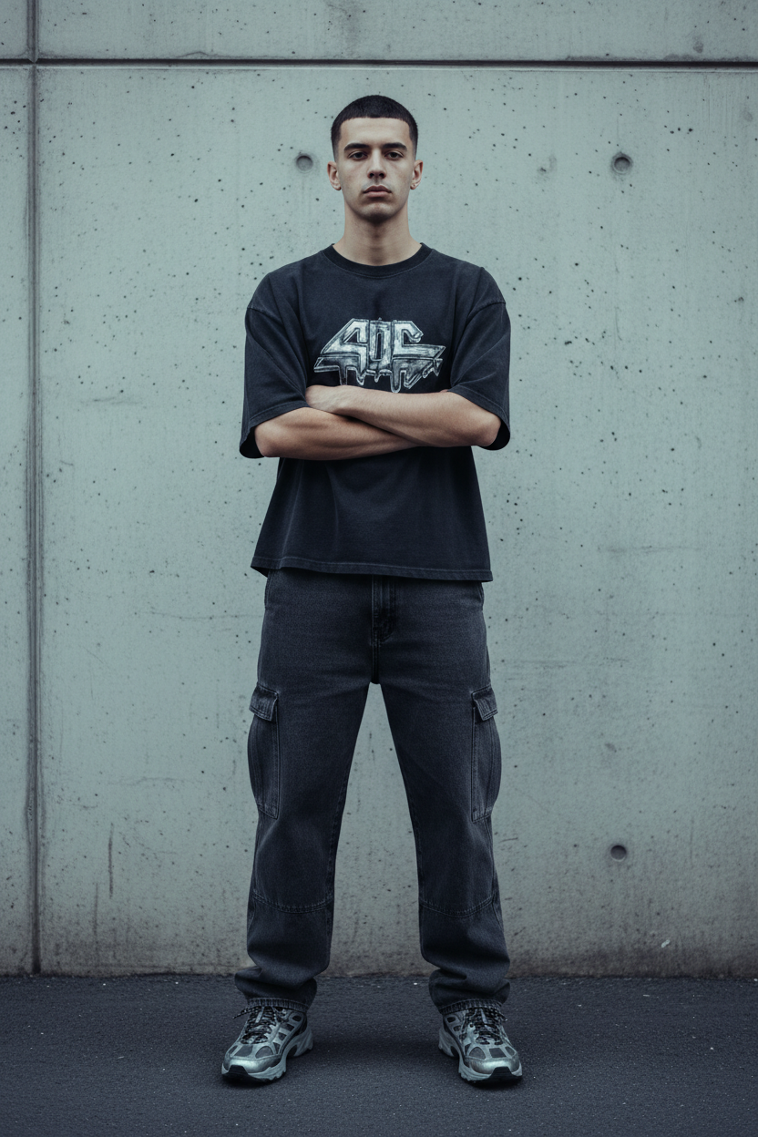 Arms crossed pose against concrete urban wall, washed black oversized crop tee