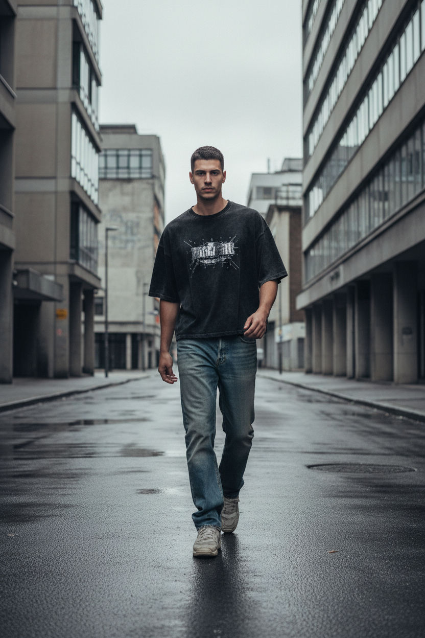 Full body walking shot on empty urban street, paired with vintage straight-leg jeans