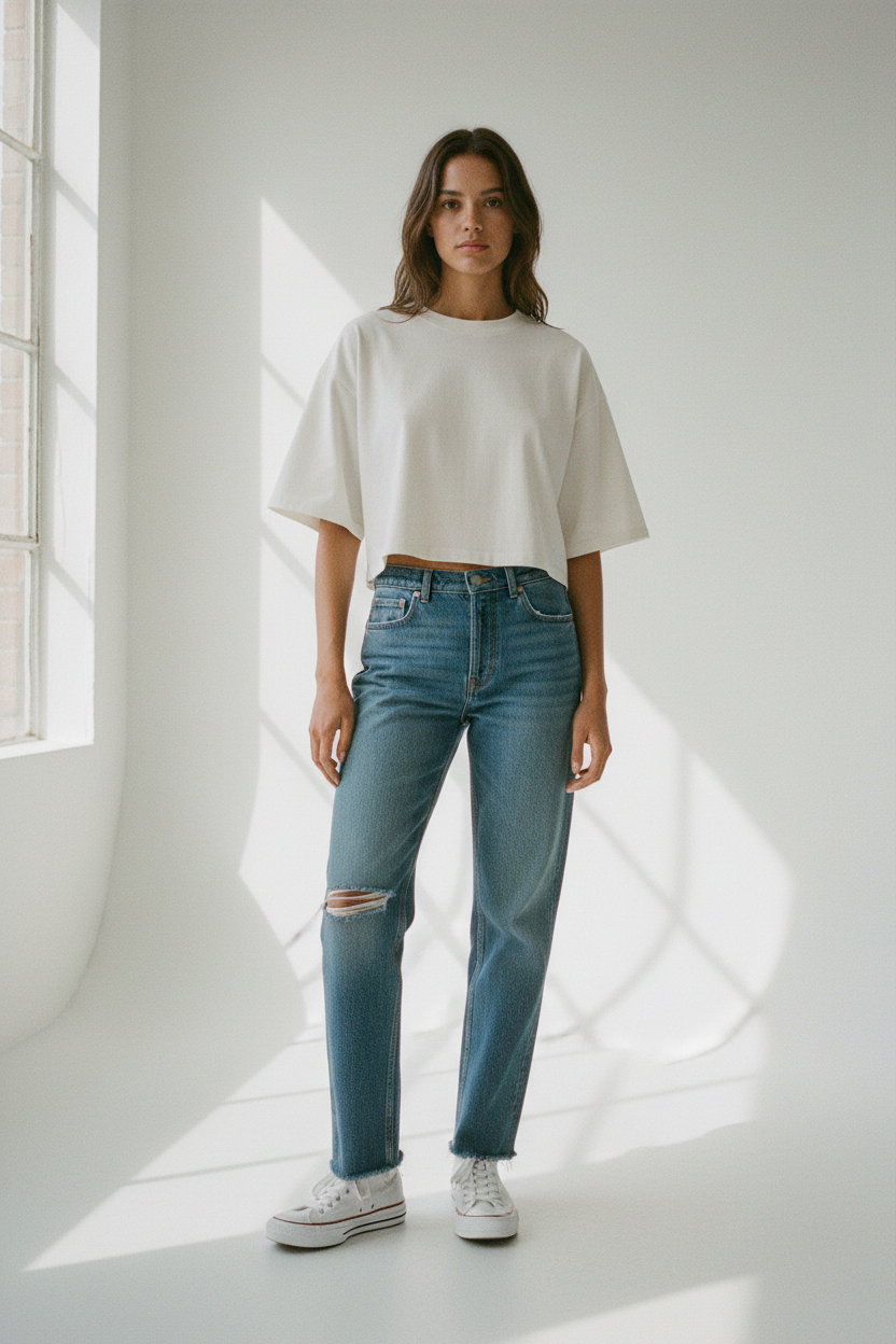 Woman wearing a white oversized shirt and blue jeans standing in a bright room with sunlight filtering through.