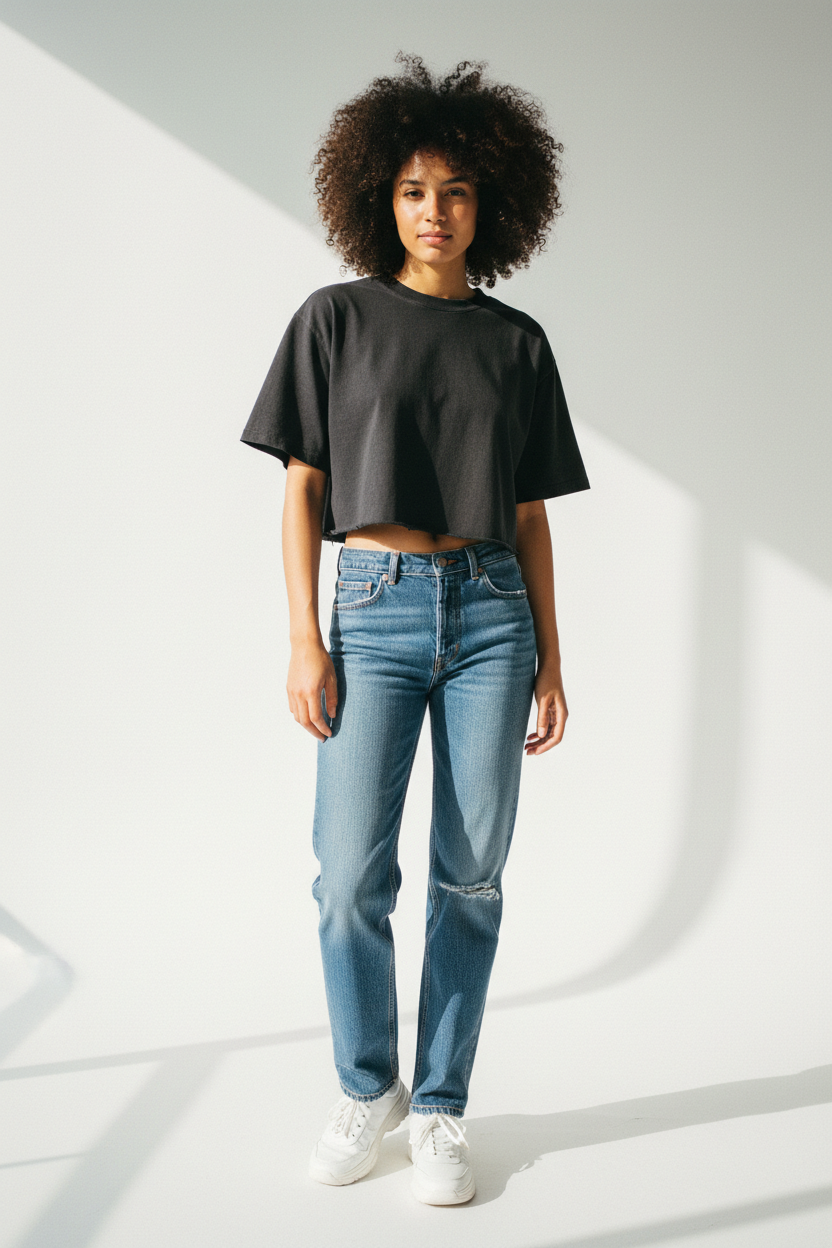 Person wearing a black crop top and blue jeans on a white background