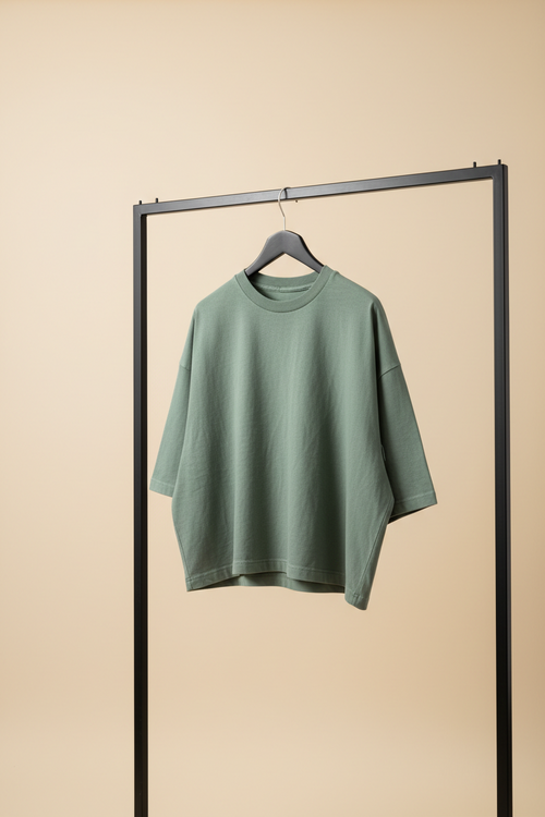 Green sweater on a hanger against a beige background