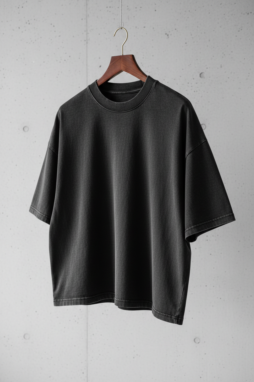 Black t-shirt on a wooden hanger against a gray concrete wall.