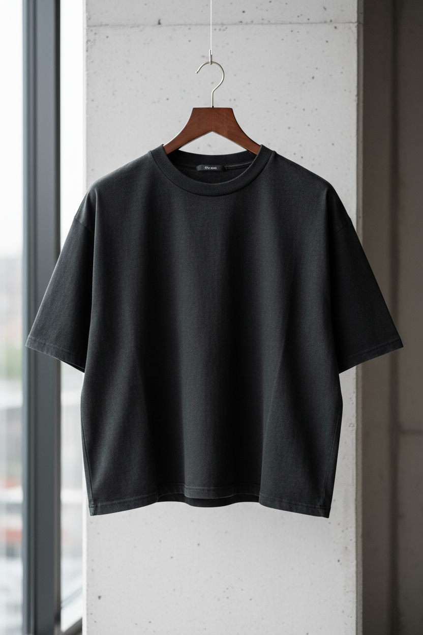 Black t-shirt on a hanger against a light gray wall.